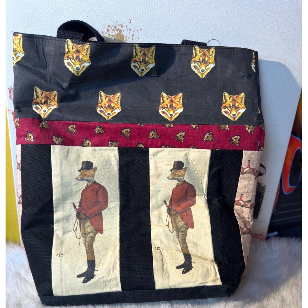Handmade Fox Hunt Equestrian Canvas Tote‎ Bag Black Red Fox in Top Hat Patchwork
